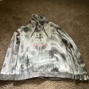 Gray Tie-Dye Hoodie with Japanese Text